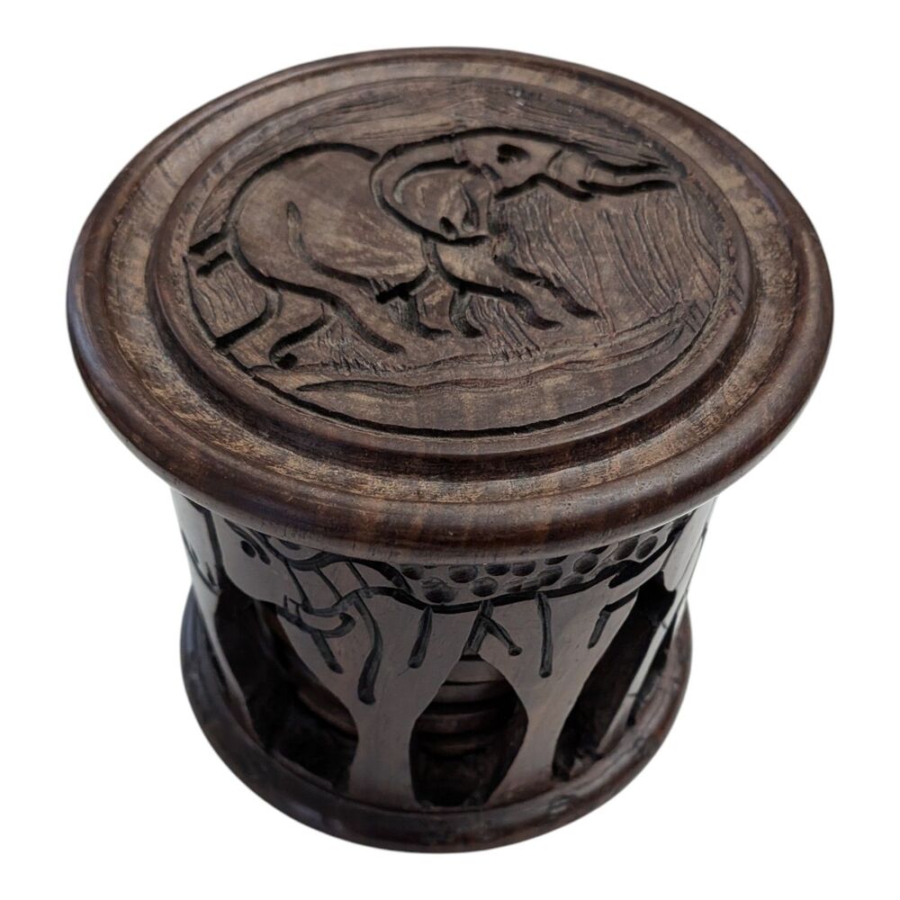 Vintage African Safari Hand Carved Wood Coaster Set Elephants Giraffe Unique